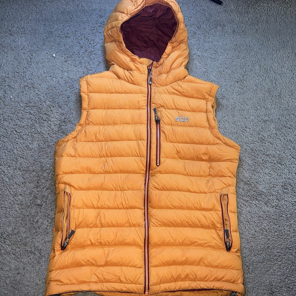 STIO HOMETOWN PERTEX DOWN HOODED VEST COAT JACKET 800-FILL ORANGE XL $279